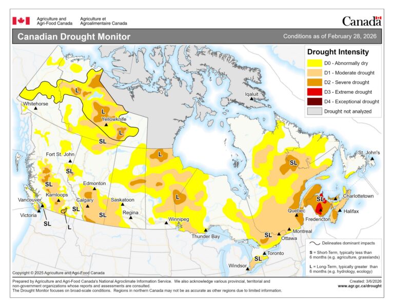 Drought eases in the eastern prairies; worsens in the West